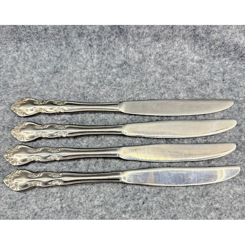 Stainless Korea Dinner Knives Rose Pattern Set of 4 Flatware Replacements